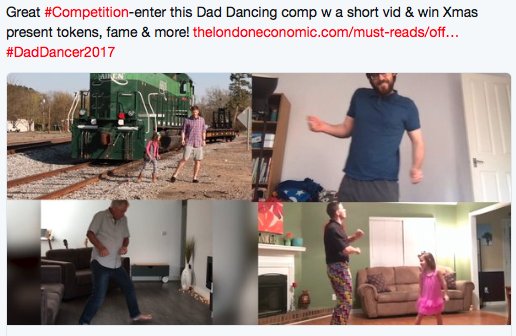 LondonEconomic's tweet photo. Last day to send your clips to fab #competition &amp; #prize for a lucky dad dancer - make those dad dancing moves count: https://t.co/H1oVHYXMV3  #DadDancer2017 #WinningWednesday #WednesdayWisdom https://t.co/BCdYtHtgz4