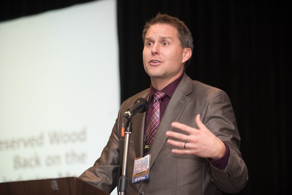 RTAHQ's tweet photo. Dallin Brooks @DallinLBrooks @WWPIinfo is giving a stellar presentation on putting preserved wood back on the map at #rta2017 https://t.co/DGbQI3IwFM
