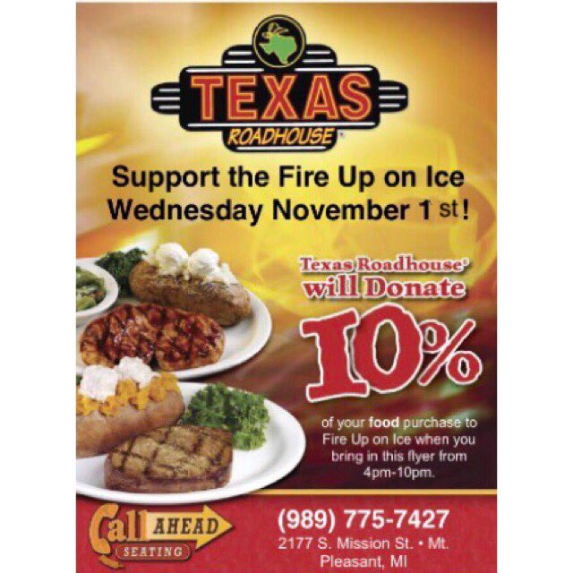 FireUponIce's tweet image. Come join us at Texas Roadhouse for a bake sale and Fundraiser!! If you show your server this flyer, 10% of your bill will go to us!!