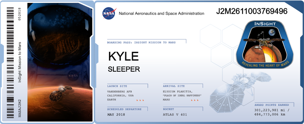 KyleSleeper's tweet photo. My name is on the next mission to Mars on @NASAInSight. Send your name today! https://t.co/Le6srTK4oK https://t.co/3w1vWMlDqG