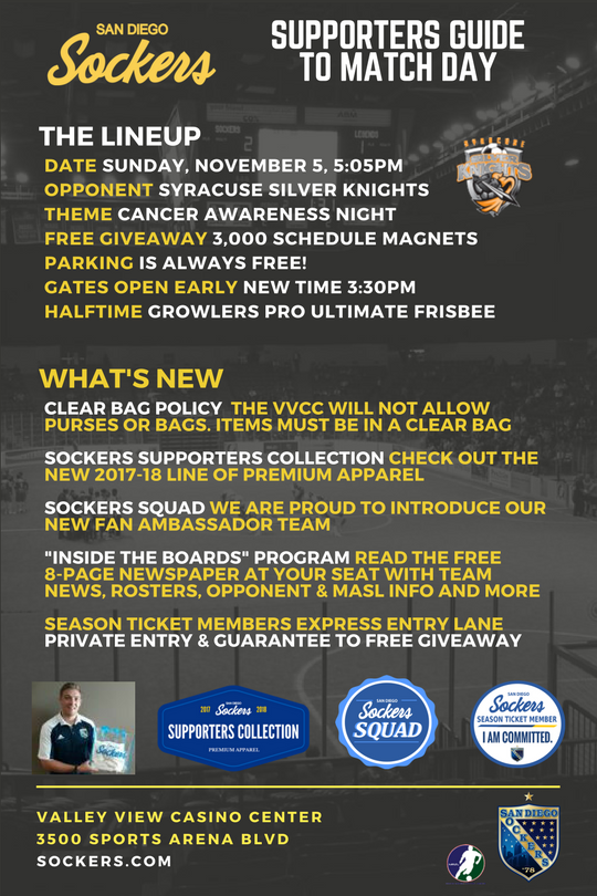 SanDiegoSockers's tweet photo. Sockers Supporters Guide To Game Day - 11/5 5:05p - Everything you need to know about attending our game at @VVCasinoCenter @MASLarena https://t.co/DSE4oSyuLz