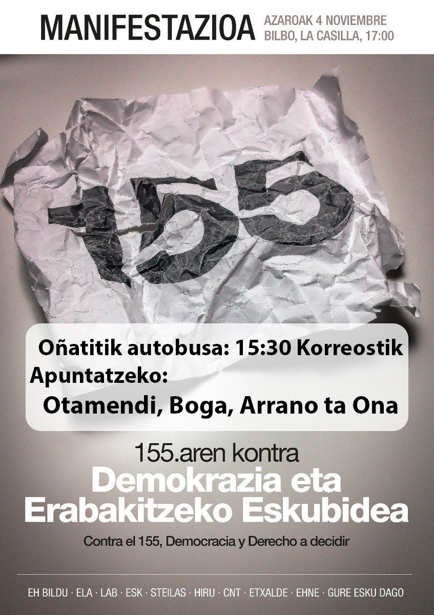 OnatikoGED's tweet photo. Azaroak 4 larunbata Bilbon manifa. 155.aren KONTRA DEMOKRAZIA ETA ERABAKITZEKO ESKUBIDEA
Eskuratu autobus txartela! https://t.co/lwaSYCWraB