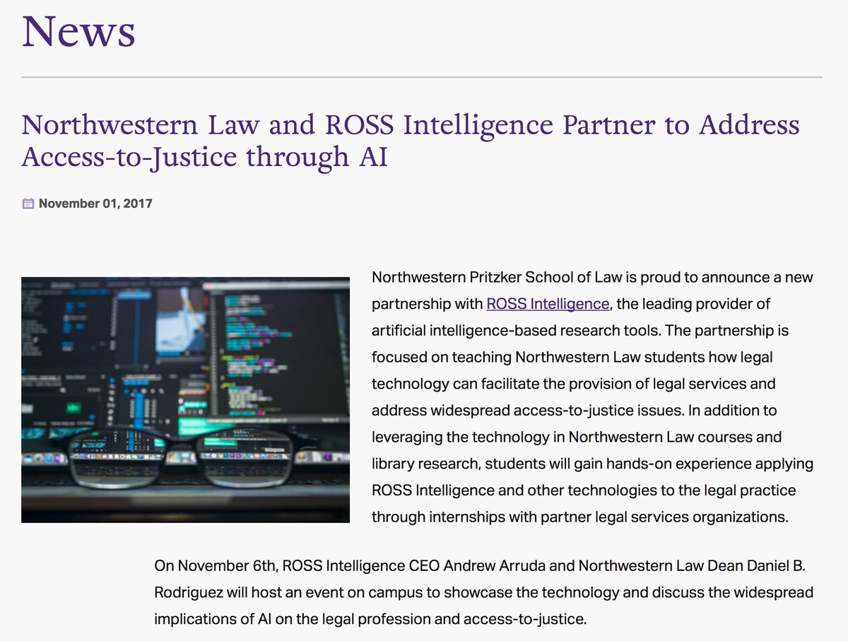 ROSSIntel's tweet image. BREAKING #LegalTech NEWS: @NorthwesternLaw &amp;amp; @ROSSIntel Partner to Address Access-to-Justice through #AI

Read more:
law.northwestern.edu/about/news/new…