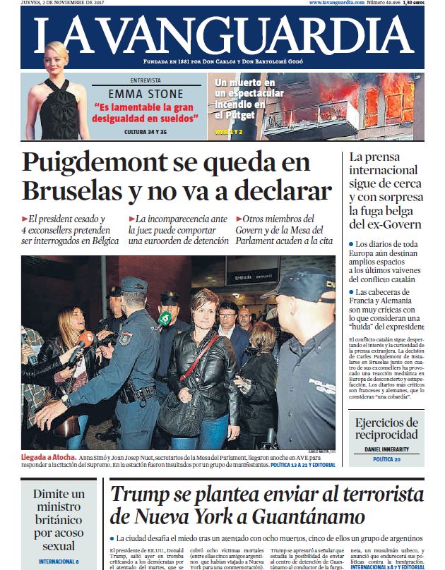 LaVanguardia's tweet photo. "Puigdemont se queda en Bruselas y no va a declarar", en la portada este jueves
https://t.co/DXgvTCORe5 https://t.co/UGTNET2oys