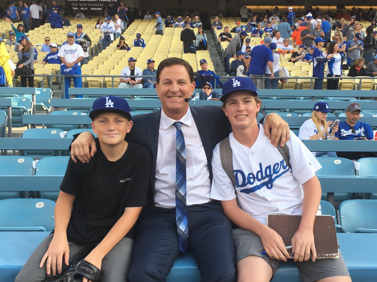 Plesac19's tweet photo. Less than an hour from game 7 of the #2017world series ... with my two @Dodgers pals .. @bstehman5 and Devin ... they say Big Blue wins! https://t.co/rPJKqtJnJ0