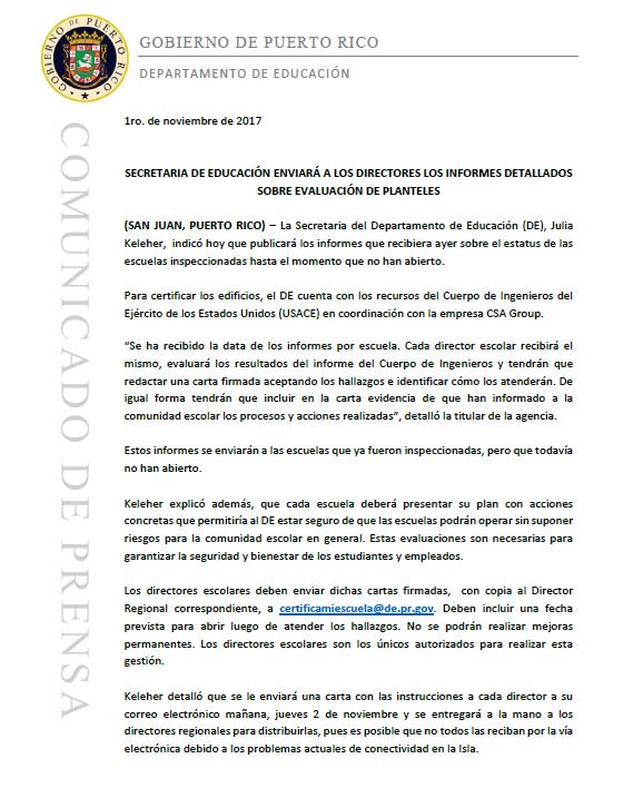 EDUCACIONPR's tweet photo. [Comunicado de prensa] @SecEducacionPR enviará a los directores escolares los informes detallados sobre evaluación de planteles. https://t.co/QnTMKLTZee