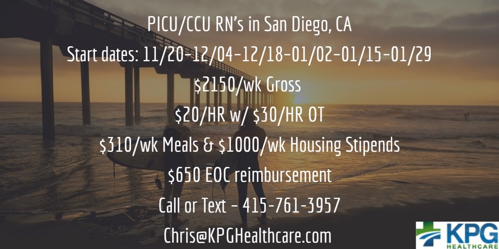 RiseAndFind's tweet photo. PICU/CCU RN’s in San Diego, CA
6 Start dates before February
$2150/wk Gross 
Call or Text – 415-761-3957
Chris@KPGHealthcare.com https://t.co/aw5DHUyyjl