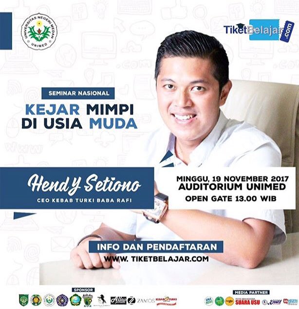 HendySetiono's tweet photo. Medan ku datang! Seminar Nasional Kejar Mimpi di Usia Muda, 19 November di Auditorium Unimed, beli tiketnya di https://t.co/xuLruSGkOB https://t.co/qdde8xjzUT