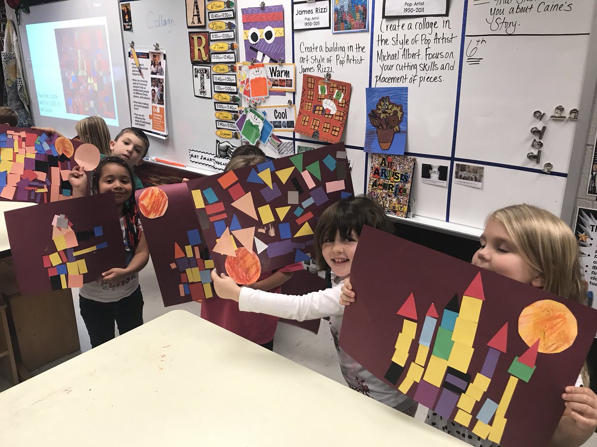 ses_art's tweet photo. Kindergarten made Paul Klee Collage castles today! Miss Fearon’s class is very creative! https://t.co/GkCh9y8OEl