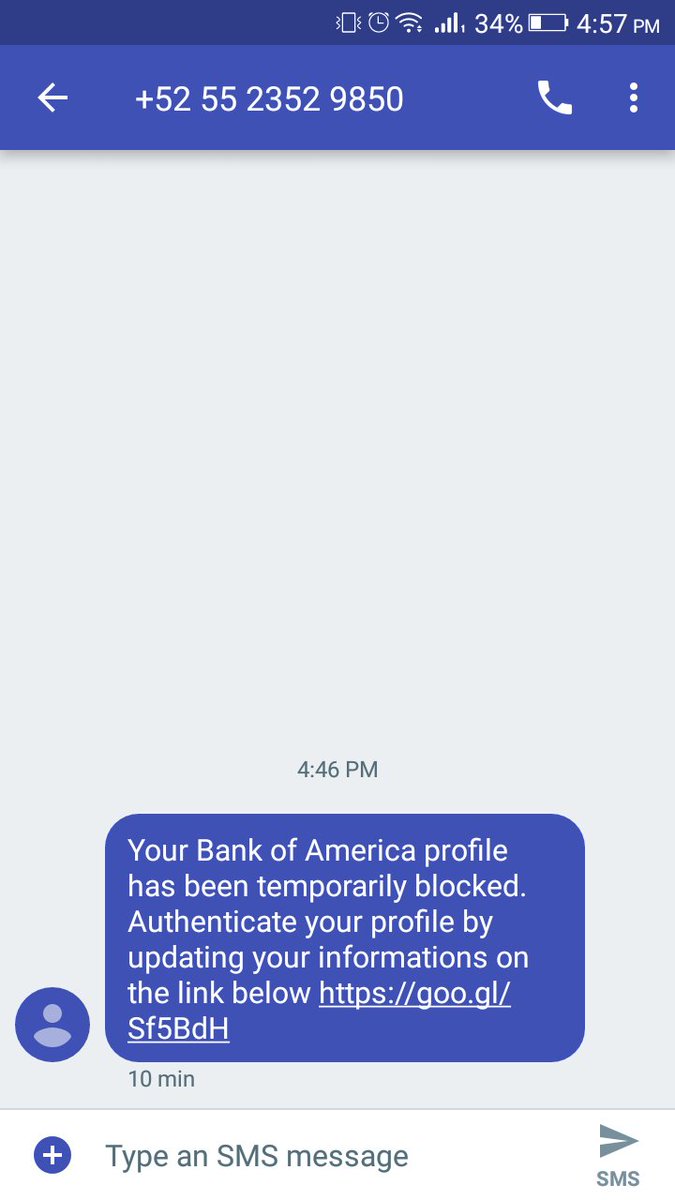 cysecstar's tweet photo. SMS TEXT (SMISHING) ALERT! Just received this fraudlent scam attempt from number claiming to be @BankofAmerica Please RT https://t.co/4Sw5OhnL6E