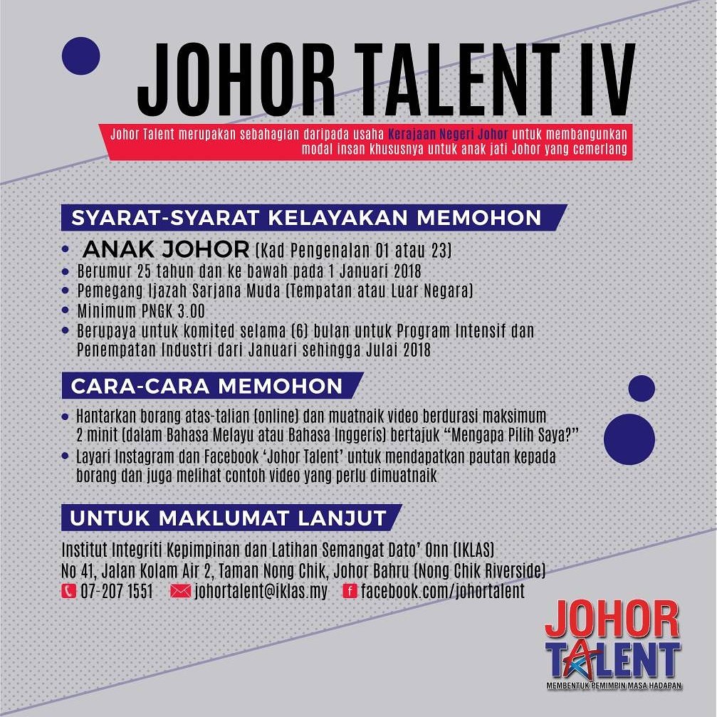 JohorTalent's tweet photo. Check it out! Permohonan Johor Talent IV dibuka dari 1 November sehingga 12 November 2017.
#johortalent
#johortalent4 
#jt4 https://t.co/Y1sVyWYxC7