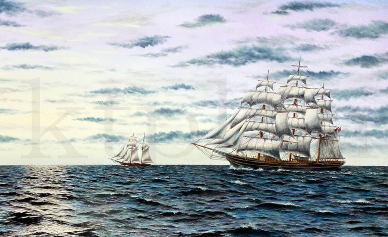 海洋画家 高橋健一 En Twitter 穏やかな秋らしい日が続いています 最新絵画 朝焼けのカティ サーク号 です 英国のクリッパー型の帆船 として有名です 今秋は本画に続いて同様のクリッパー帆船や エスメラルダ号 を制作しています