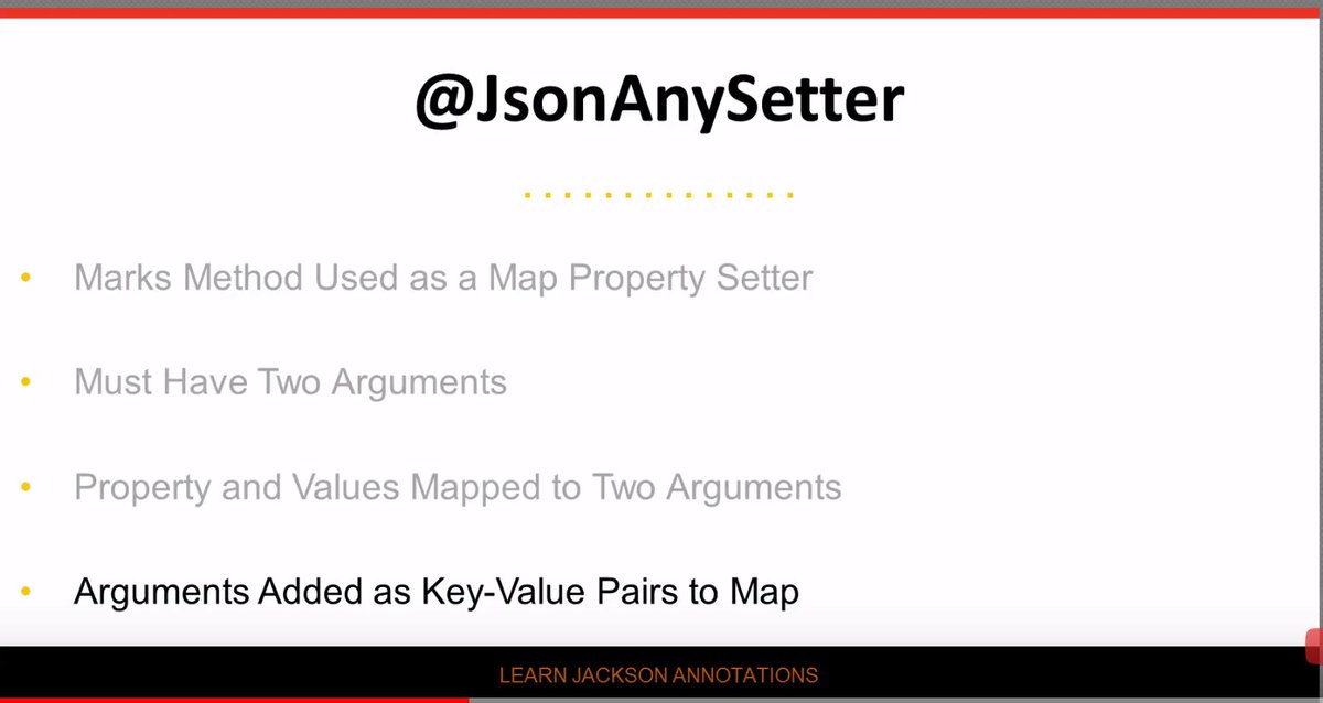 java's tweet image. Quick guide to the super useful @JsonAnySetter annotation in Jackson. - @baeldung 

youtu.be/jg2YCd8ex3o