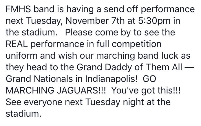 FMHS9's tweet photo. Mark your calendars Jaguar Nation! Let’s fill the stands to show our support for the BEST band in the land - our amazing FMHS BAND!! 💙🎺🎷🥁🎼🏆💙 https://t.co/oGjzxx1DOF
