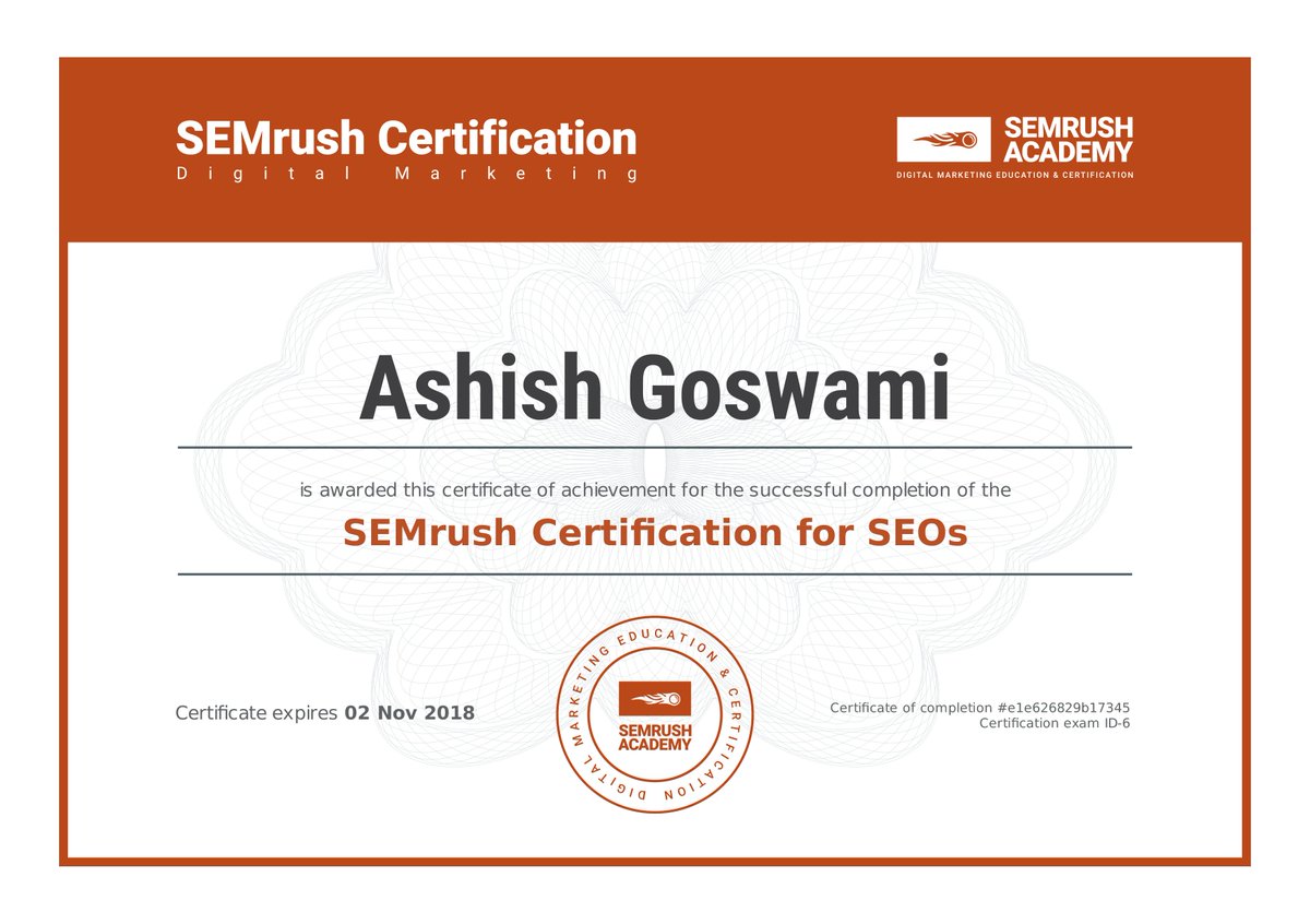 AshishG1988's tweet photo. @Brandvedaahm @BrandvedaIndia Hooray, I've passed #SEO examination from #semrush. #SEO #seoexam #semrushexam #BrandVeda @semrush https://t.co/BRhzGRMj2I