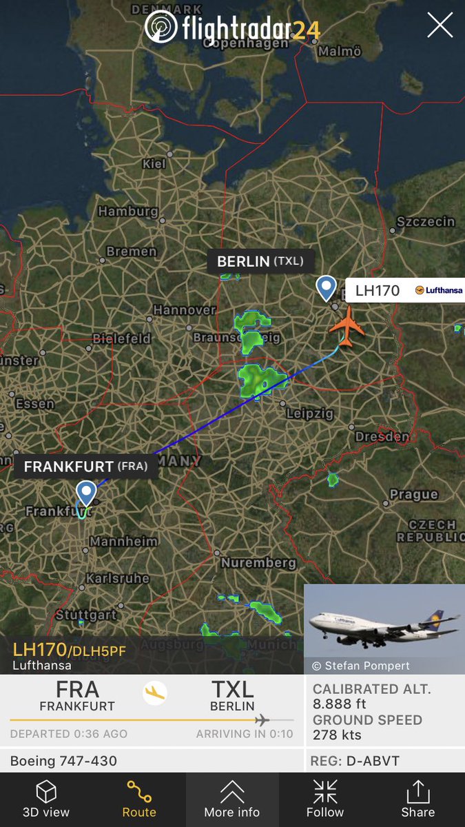 FlightIntl's tweet photo. Day 2 of temporary Lufthansa 747-400 operations between Frankfurt and Berlin (TXL) - flight #LH170 is operated by a Boeing 747 https://t.co/VIiStVvV2L