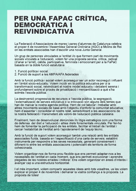 TranformemFAPAC's tweet photo. El 4 de novembre entre totes decidirem el futur de @FAPAC. Des de @TranformemFAPAC hem estat treballant x presentar una candidatura diferent https://t.co/hbr0bH9o3Y
