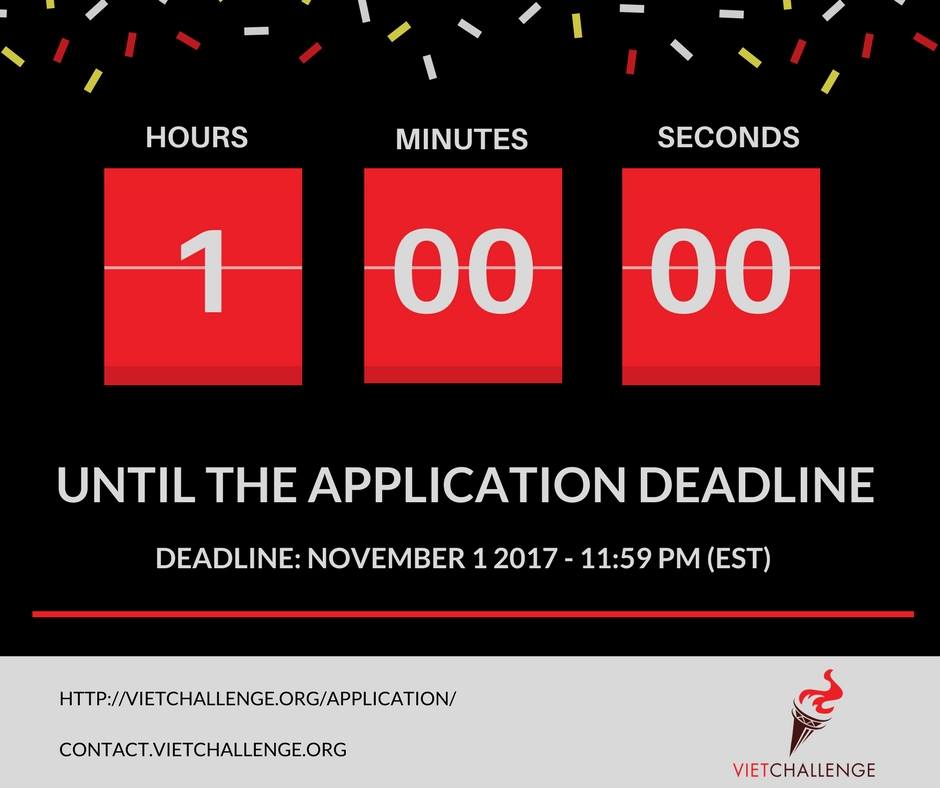 VIEChallenge's tweet photo. Only 60 minutes left! Apply NOW to enter VietChallenge 2018!
Our portal will close in an hour. Don't miss your chance to win up to $30,000! https://t.co/Rrv6ygAm93