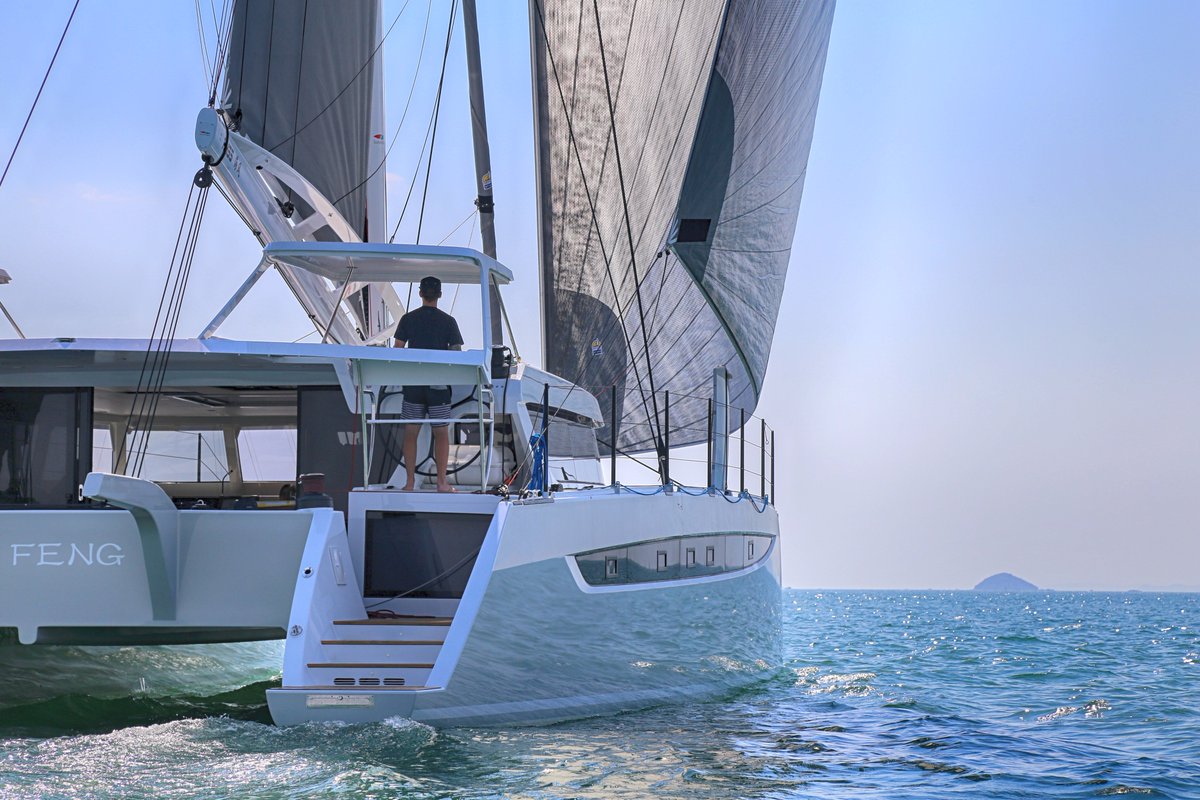 HudsonYacht's tweet photo. The final rounds of sea trials for HH55-02 'Haifeng' are underway. Sailing footage from the HH team coming soon. #HH55 https://t.co/EWPr5YLDRK