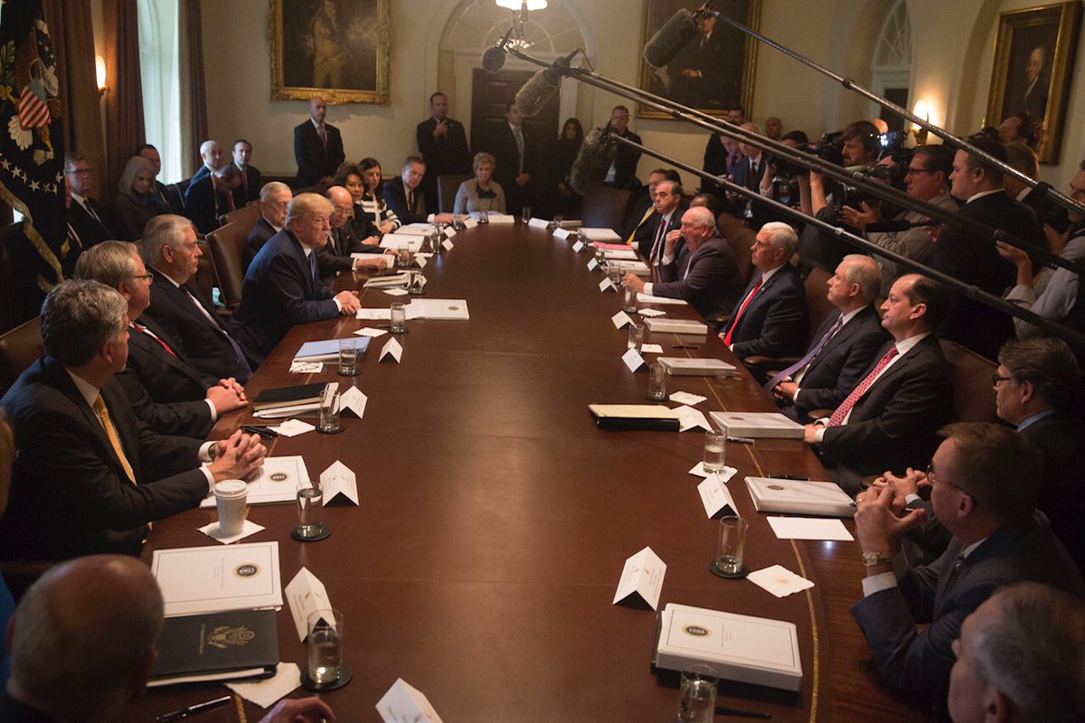 realDonaldTrump's tweet photo. Great mtg w/ @Cabinet today. Tomorrow, I will be announcing the new head of the Fed. I think you will be extremely impressed by this person! https://t.co/5ASJVLGAiG