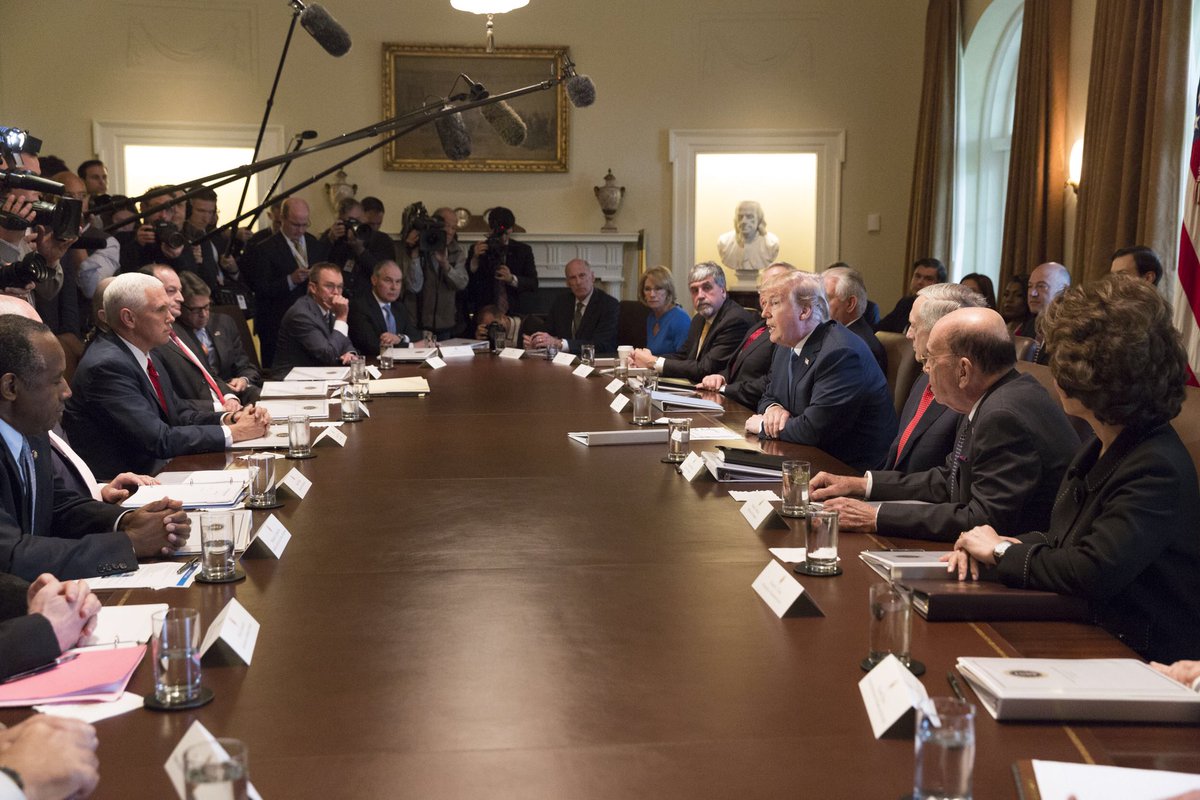 realDonaldTrump's tweet photo. Great mtg w/ @Cabinet today. Tomorrow, I will be announcing the new head of the Fed. I think you will be extremely impressed by this person! https://t.co/5ASJVLGAiG