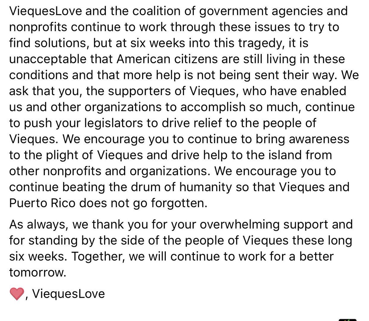 It’s been six weeks since this started. There’s a long road ahead of us. Thank you all for your support. No time to give up #ViequesLove