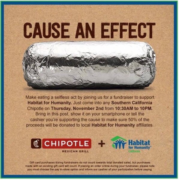 Tomorrow, anytime from 10:30 am to 10 pm, come support Habitat for Humanity at Chipotle! 50% of proceeds to H4H (be sure to show this pic!)