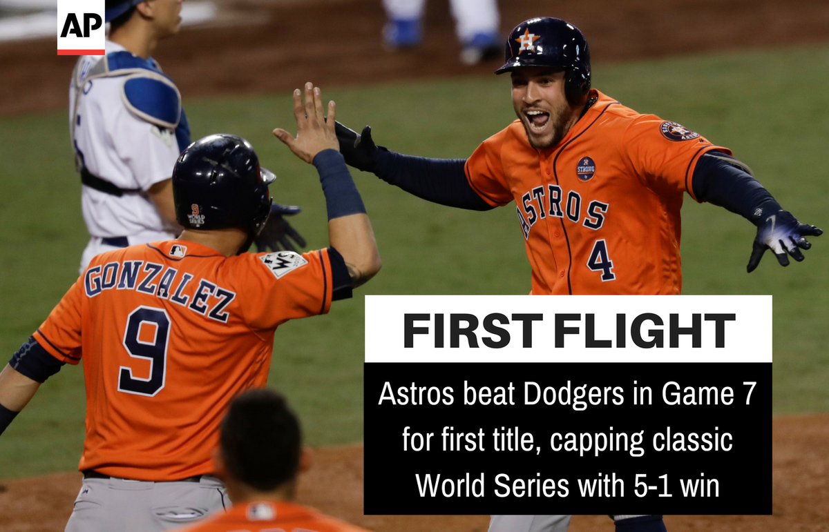 AP_Sports's tweet photo. FINAL: Houston Astros beat Los Angeles Dodgers 5-1 in Game 7 for first #WorldSeries title in franchise history. https://t.co/lFrk9cM4Jb https://t.co/2OxmbenjYP