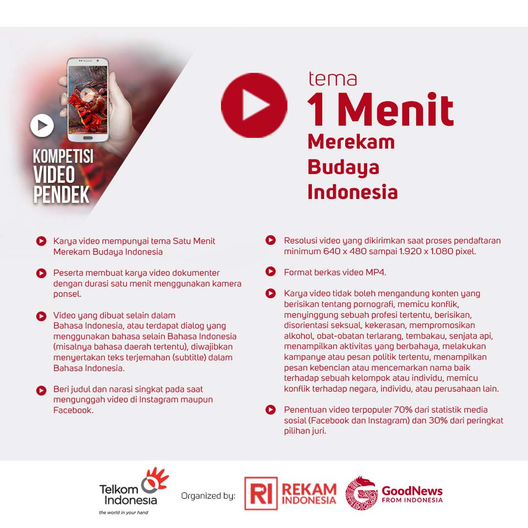 Jangan ketinggalan Kompetisi Video Pendek dan Esai Foto "Merekam Budaya"
Info lengkap : goodnewsfromindonesia.id/competition
#untukIndonesia #rekambudaya