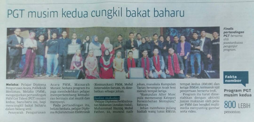 eventasticcrew's tweet photo. PGT musim kedua cungkil bakat baharu
Berita Harian / Varsiti / 2 Nov 2017
#EventasticKongsi #EventasticCrew #PoliteknikMerlimau https://t.co/8QD37yQEEk