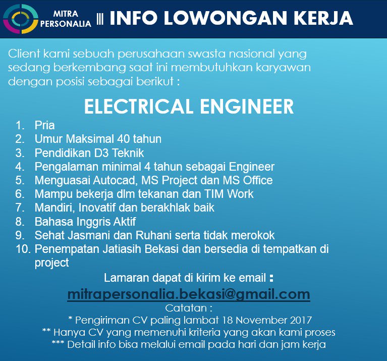 rehatkerja's tweet photo. Info #lowongankerja #engineerelectrical jika ada Rekan,Sohib, Sodara, temen yg lgi butuh pekerjaan, detail info https://t.co/rVPqQsUOLb https://t.co/W8b7OpXHd4