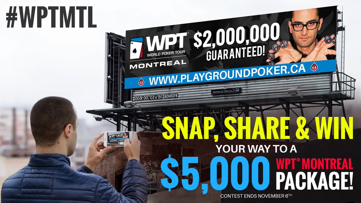 PlaygroundPoker's tweet photo. SNAP, SHARE &amp; WIN is HERE! From now until Nov 6th you can Snap, Share &amp; Win your way to a $5K #WPTMTL package! https://t.co/2ChRPxID7U https://t.co/pBXYtgdfZm