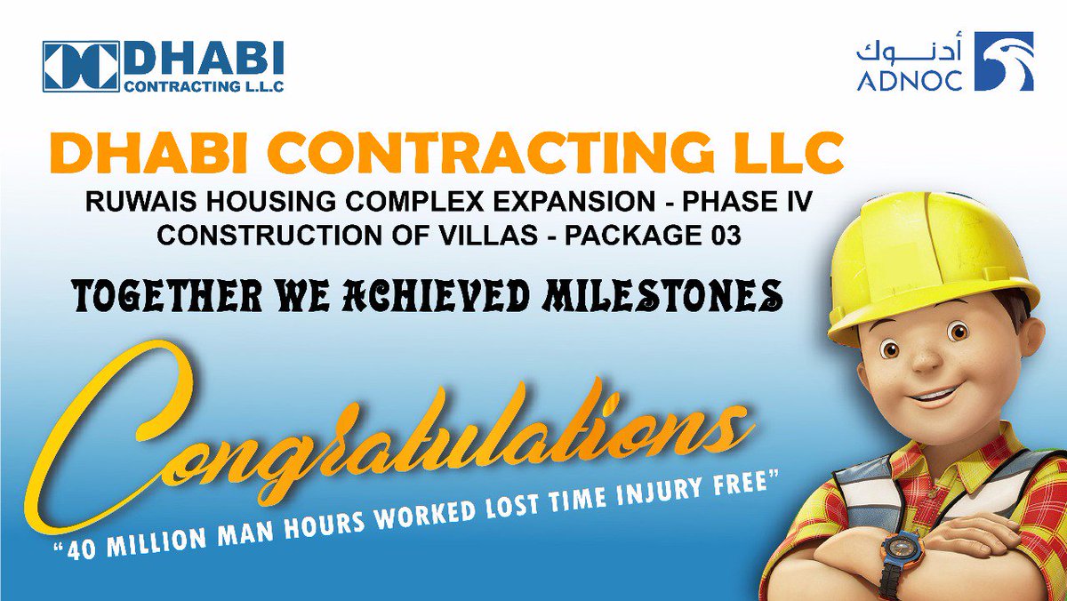 dhabicon's tweet photo. Dhabi Contracting achieved 40 Million man-hours without LTI on ADNOC Ruwais project. #dhabicontracting #safety #adnoc #LTIFR https://t.co/Hlq7do0Mge