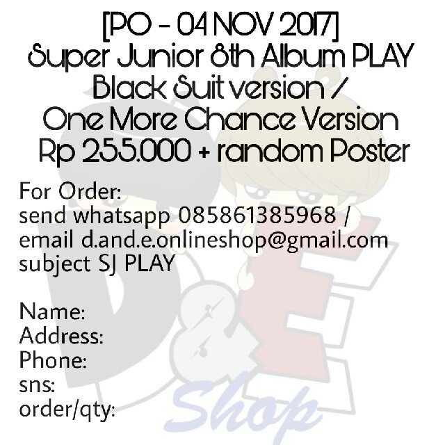 DNE_Shop's tweet photo. [PO - 04112017] SUPER JUNIOR PLAY
Black suit version / One More Chance version Rp 255.000 *Album+random poster (free tube)+BONUS from shop* https://t.co/unFhc4wkNr