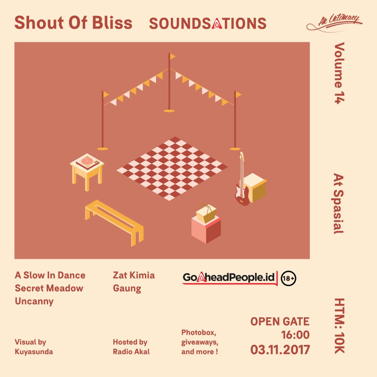 <a href="/anintimacy_/">An Intimacy</a> hadir kembali besok, 3 Nov’17 di Spasial, Bdg. seperti biasa acara ini selalu menghadirkan line up yg segar!