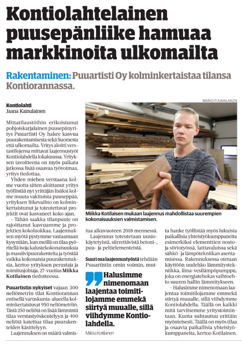 PenttilaJere's tweet photo. "Täällä on kaikki mitä tarvitsemme yritystoimintaan." Hienoa kasvuyrittäjyyttä @puuartisti. #kontiolahti #kontioranta #yrittäminen https://t.co/kY4eJM0tT6
