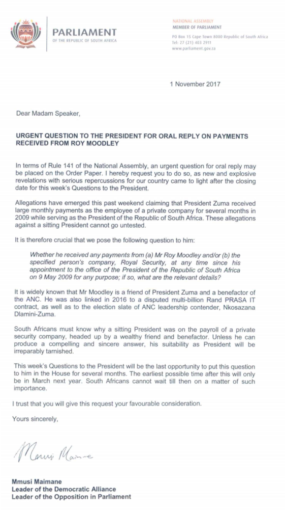 MmusiMaimane's tweet photo. Today President Zuma has a chance to explain why he received R1m a month from the private company of his friend, Roy Moodley. https://t.co/FxmarH845J