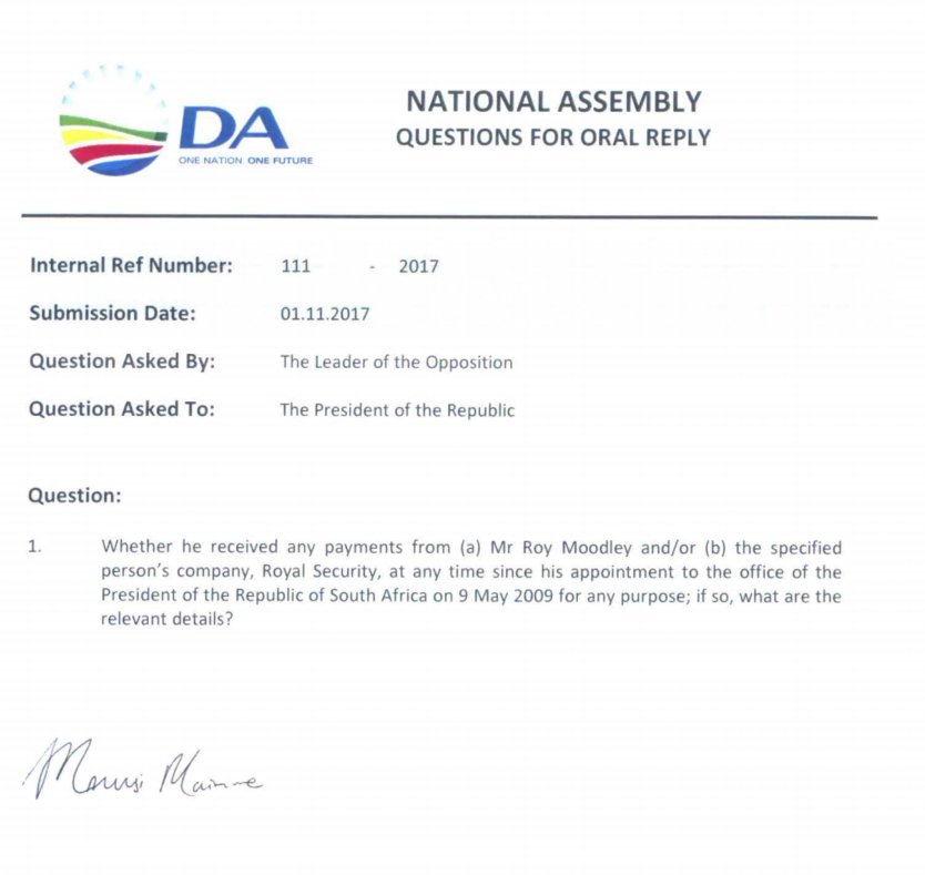 MmusiMaimane's tweet photo. Today President Zuma has a chance to explain why he received R1m a month from the private company of his friend, Roy Moodley. https://t.co/FxmarH845J