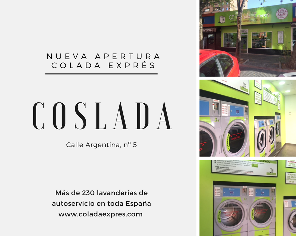ColadaExpres's tweet photo. Apertura de #lavandería autoservicio #ColadaExprés, en #Coslada: C/Argentina, 5. Ya podéis lavar y secar hasta 16kg de ropa en menos de 1h. https://t.co/uzFhfUROu5