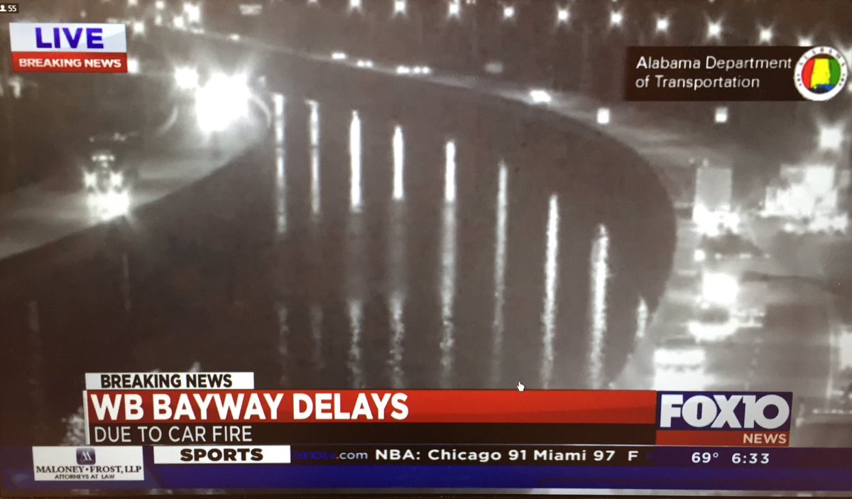 #TrafficAlert:  Car on fire on Westbound I-10 Bayway near Exit 27 -> expect delays. <a href="/FOX10News/">FOX10News | WALA</a>