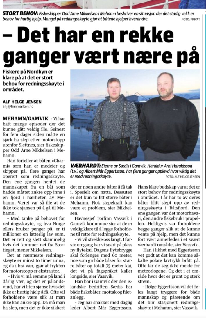OddbjoernNesje's tweet image. Klar tale fra fiskerne i #Mehamn #Gamvik #Finnmark i lokalavisen #Finnmarken i dag. #Redningsskøyte må på plass nå. #beredskap @kjellingolf