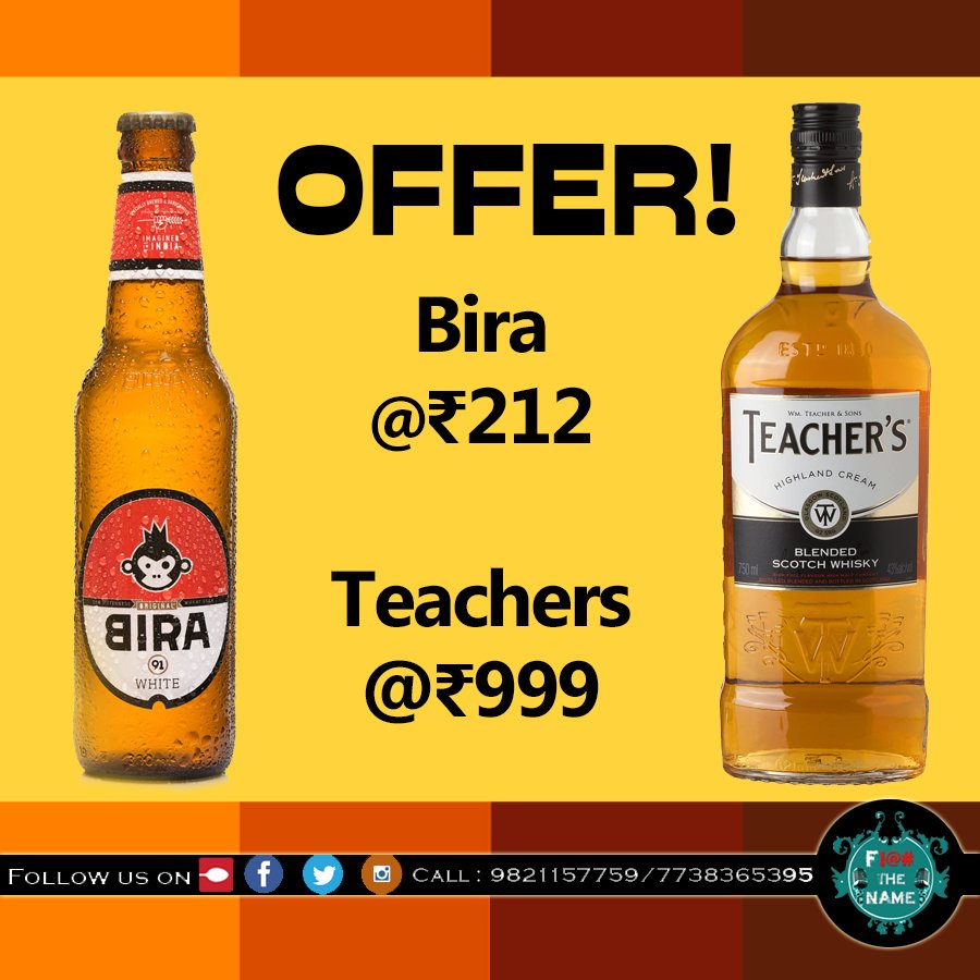 ftnmalad's tweet photo. OFFER! OFFER! OFFER!
Bira @210 RS. &amp; Teacher Quater 999 RS.
#Mumbai #Food #Cocktails #FTN #Malad #BarsOfBombay #LatenightMumbai https://t.co/eZgORKNjQs