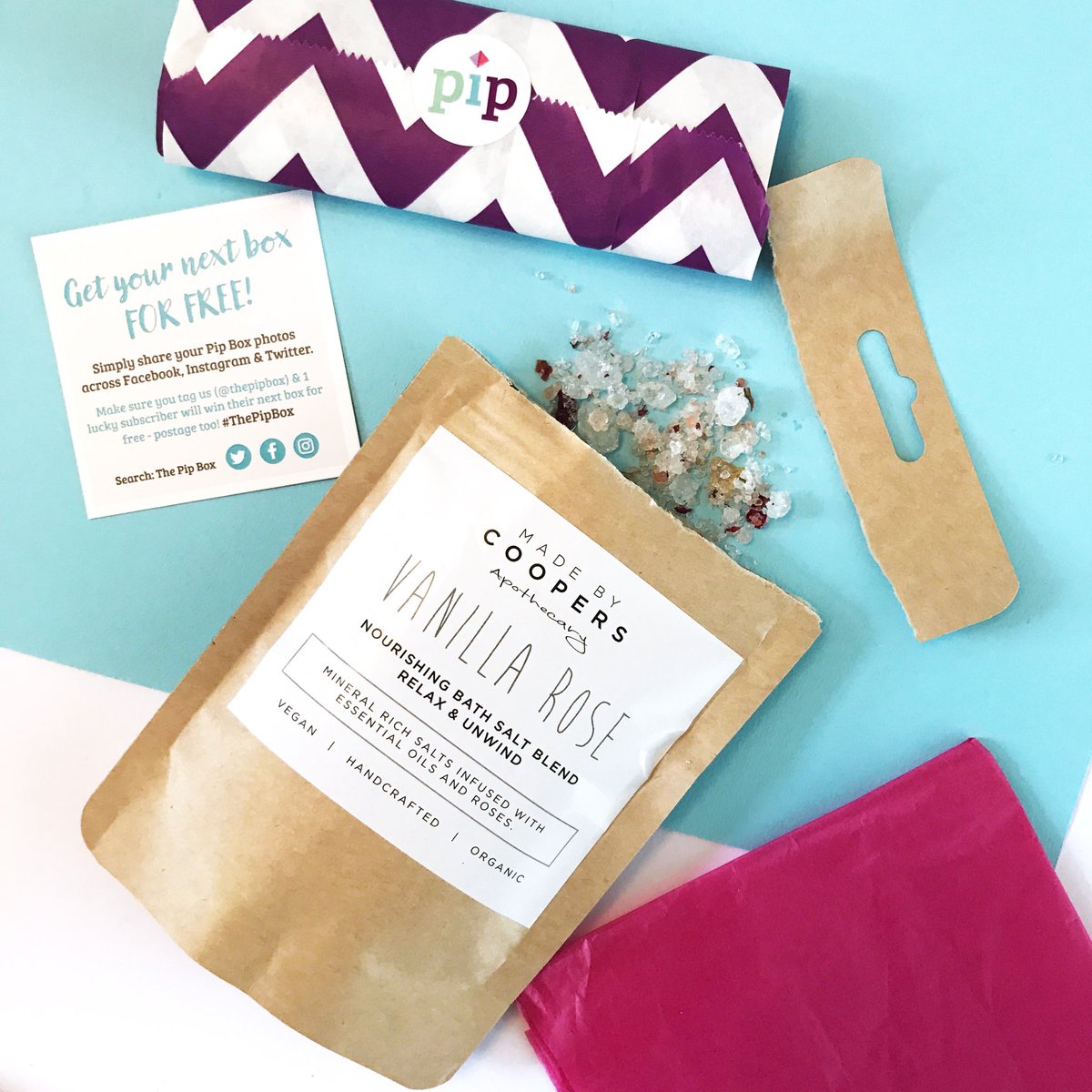 thepipbox's tweet photo. Every November Pip Box will feature a pack of these gorgeous bath salts by @Madebycoopers Perfect for cosy evening pamper! Plus a Skincare item worth £30 in every box! Selling fast! https://t.co/8SGle3lPdN