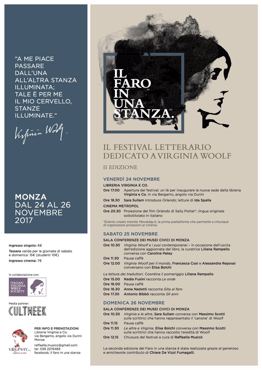 Ecco la locandina della 2ª edizione del Festival letterario dedicato a #VirginiaWoolf! Monza, 24-26 novembre. Con <a href="/ItVWS/">ItalianWoolfSociety</a>
