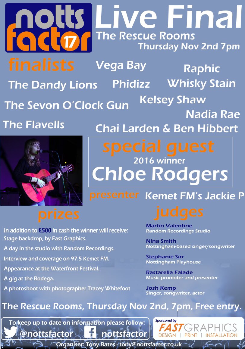 NottsFactor's tweet photo. Today’s the day, the #NottsFactor17 Live Final’s tonight, @rescuerooms, 7pm and it’s free! https://t.co/M7J5Ak5qgu