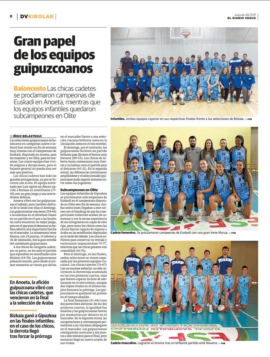 Egun on! ¡Hoy en <a href="/diariovasco/">El Diario Vasco</a> hablan del gran papel de nuestras selecciones en el #EUSKNAF17! #Saskigipuzkoa 🏆🏀💪