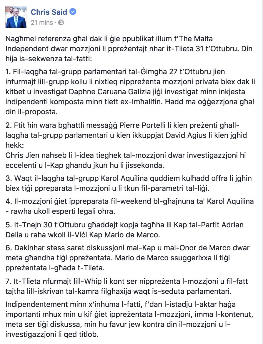 ChrisSaidPN's tweet photo. Stqarrija li bagħat lill-@IndependentMlt wara li ppubblikaw l-artiklu "Chris Said did not inform PN of contents of motion" fil-ħarġa tal-lum https://t.co/q3QSPIXJ0R