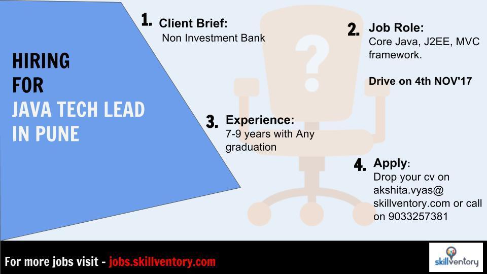 skillventory's tweet image. #NonInvestmentBank in #Pune, looking for #JavaTechLead
Visit–jobs.skillventory.com
#BestRecruitmentConsultants #TopPlacementAgencyinIndia