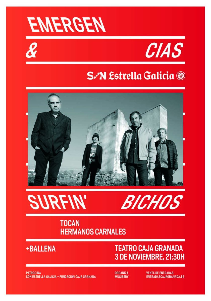 ¡Mañana conciertazo en el Teatro Caja #Granada!
<a href="/SurfinBichos/">Surfin' Bichos</a> tocan 'Hermanos Carnales' en la ciudad de la Alhambra acompañados de <a href="/somosballena/">Ballena</a> dentro del ciclo Emergen&amp;Cías SON Estrella Galicia
Tickets➡️entradascajagranada.es/view/event/cic…