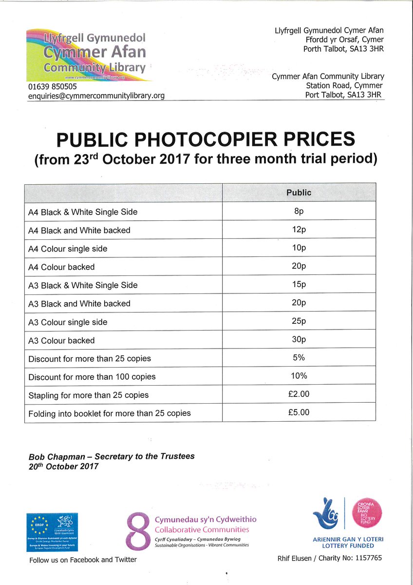 CymmerLibrary's tweet photo. We're pleased to announce our new printing prices, please see them below: https://t.co/7YDwsp7OAj